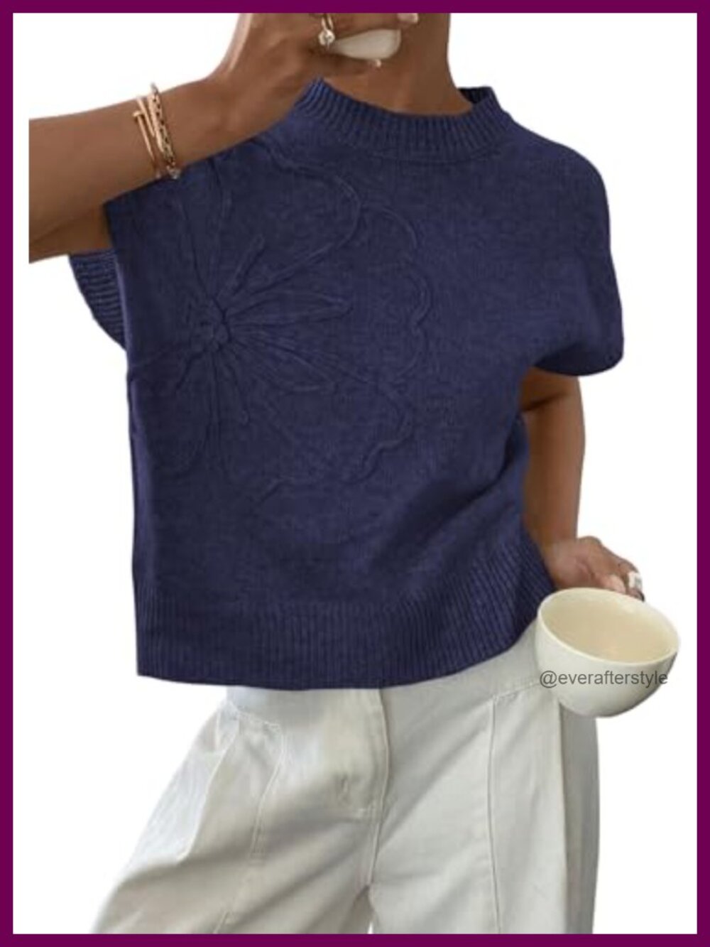 Knit Sweater Vest with 3D Flower Cap Sleeve Crew Neck
